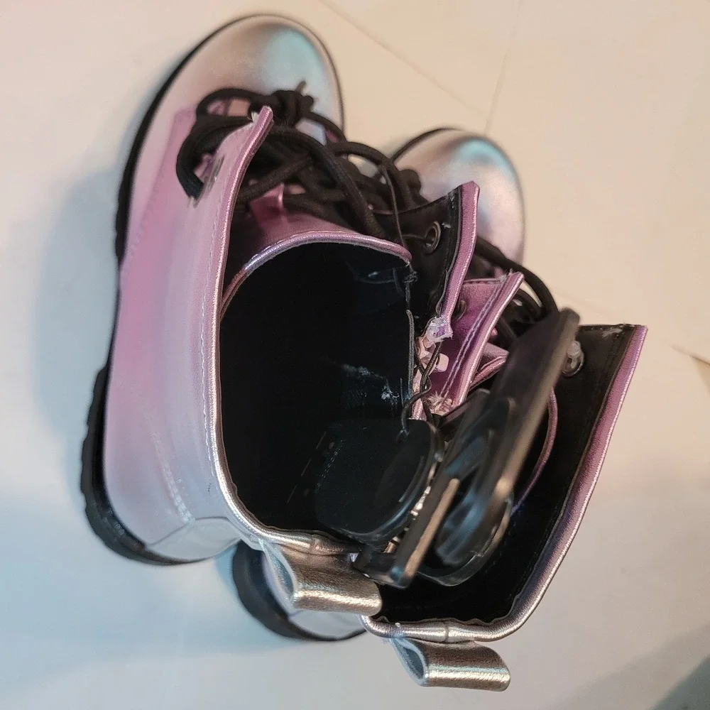 Wonder Nation Kids Unisex Combat Boots Iridescent Purple Silver Size 2 New‎